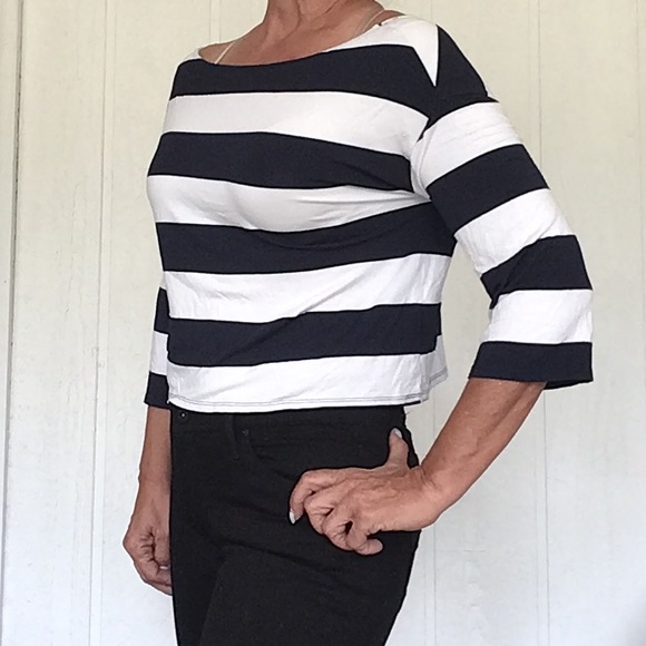 THREE DOTS NAUTICAL STRIPE WOMENS BOAT NECK THREE QUARTER SLEEVE TEE SHIRT XS - Picture 7 of 13